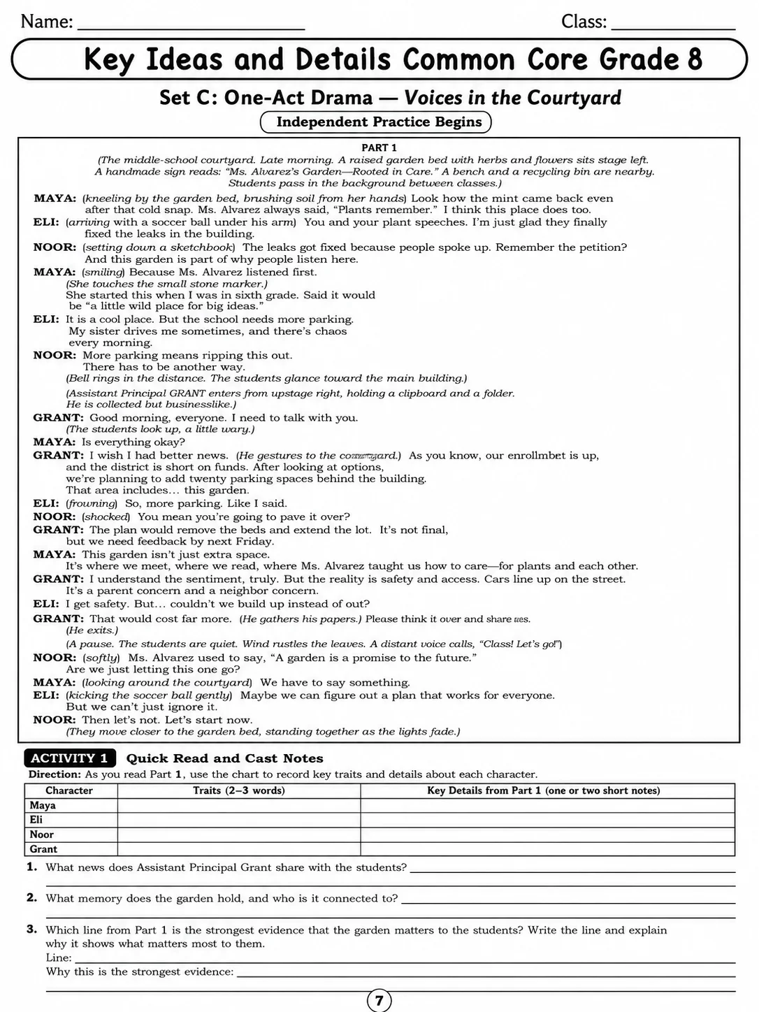 Key Ideas and Details Common Core Grade 8 page 7 printable Common Core ELA worksheet preview