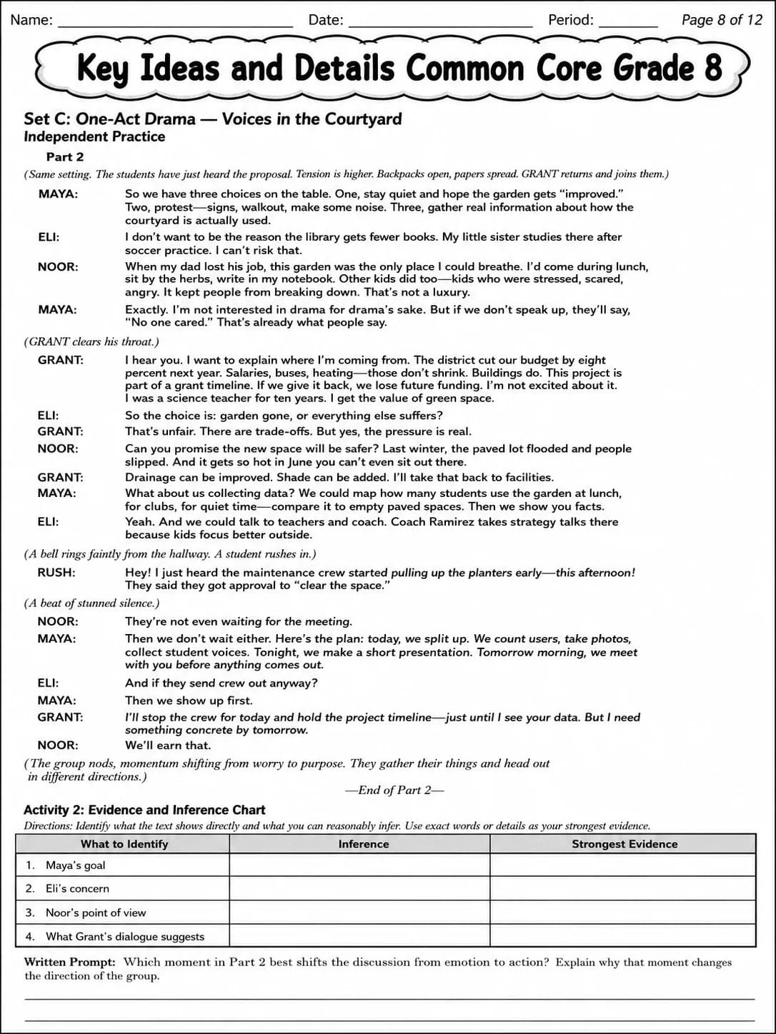 Key Ideas and Details Common Core Grade 8 page 8 printable Common Core ELA worksheet preview