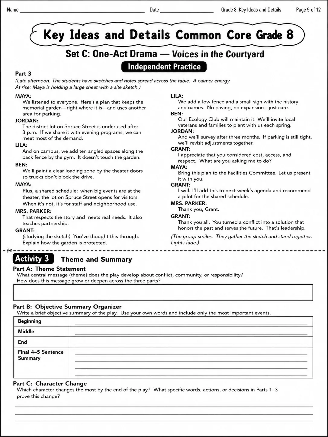 Key Ideas and Details Common Core Grade 8 page 9 printable Common Core ELA worksheet preview