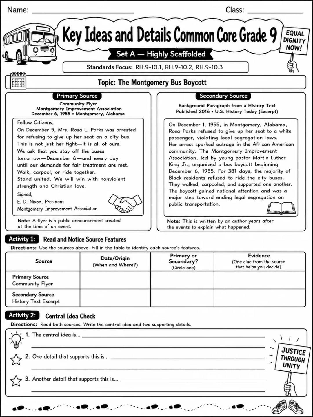 Key Ideas and Details Common Core Grade 9 printable Common Core ELA Grade 9 worksheet preview from KiwiBee