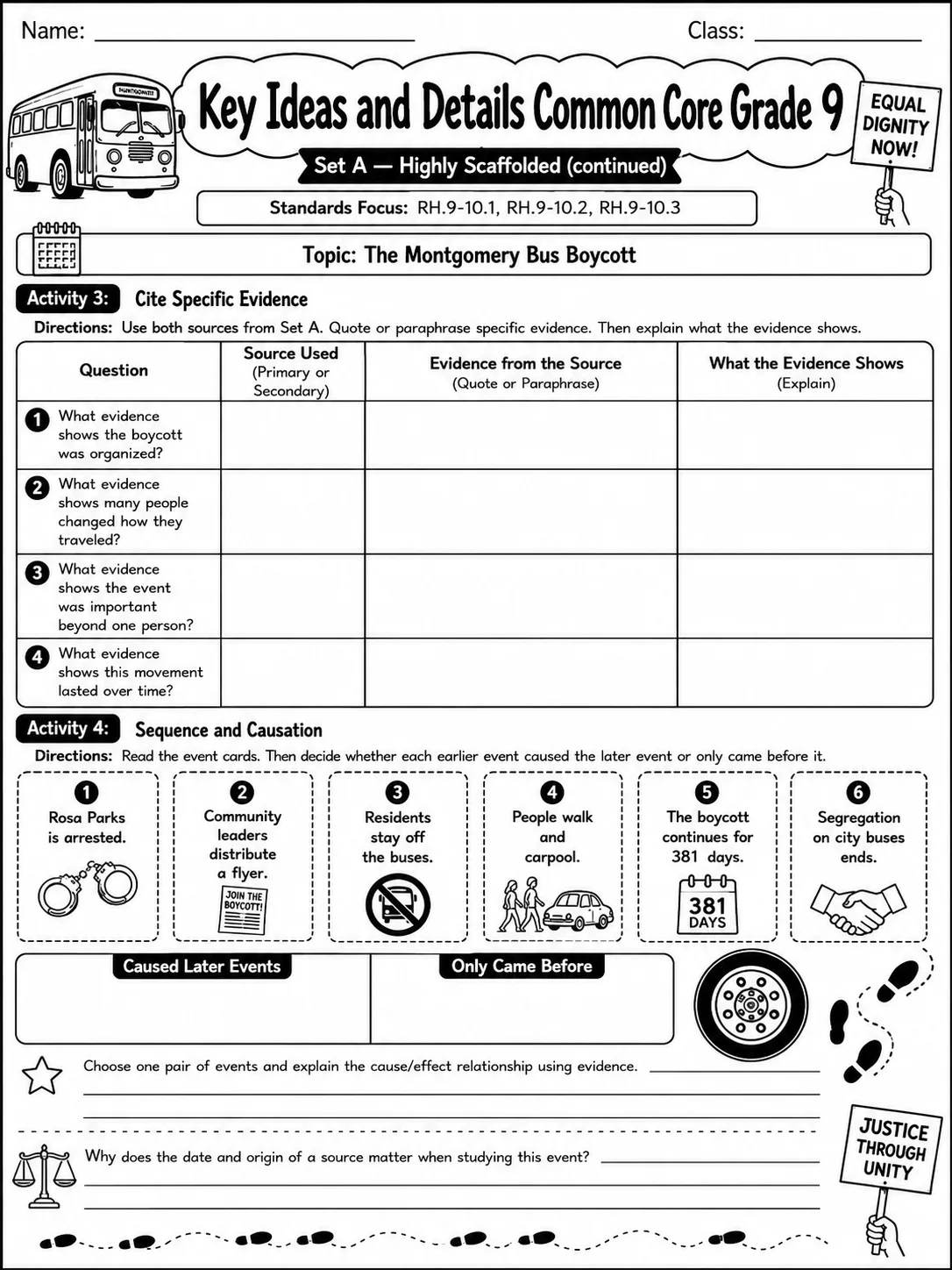 Key Ideas and Details Common Core Grade 9 page 2 printable Common Core ELA worksheet preview