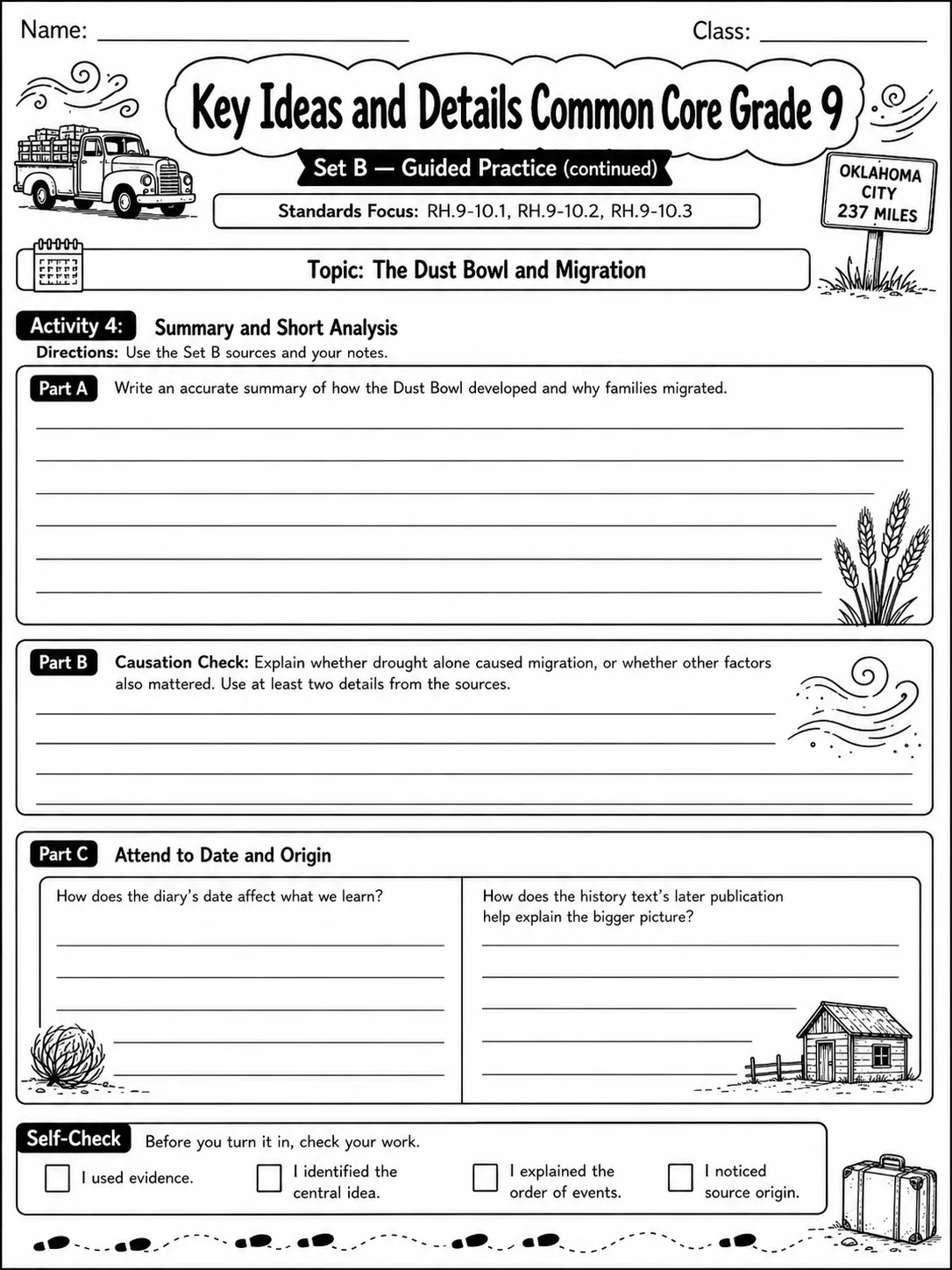 Key Ideas and Details Common Core Grade 9 page 5 printable Common Core ELA worksheet preview