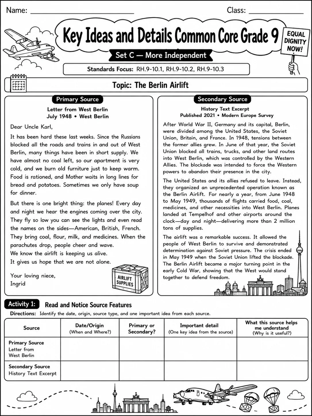 Key Ideas and Details Common Core Grade 9 page 7 printable Common Core ELA worksheet preview