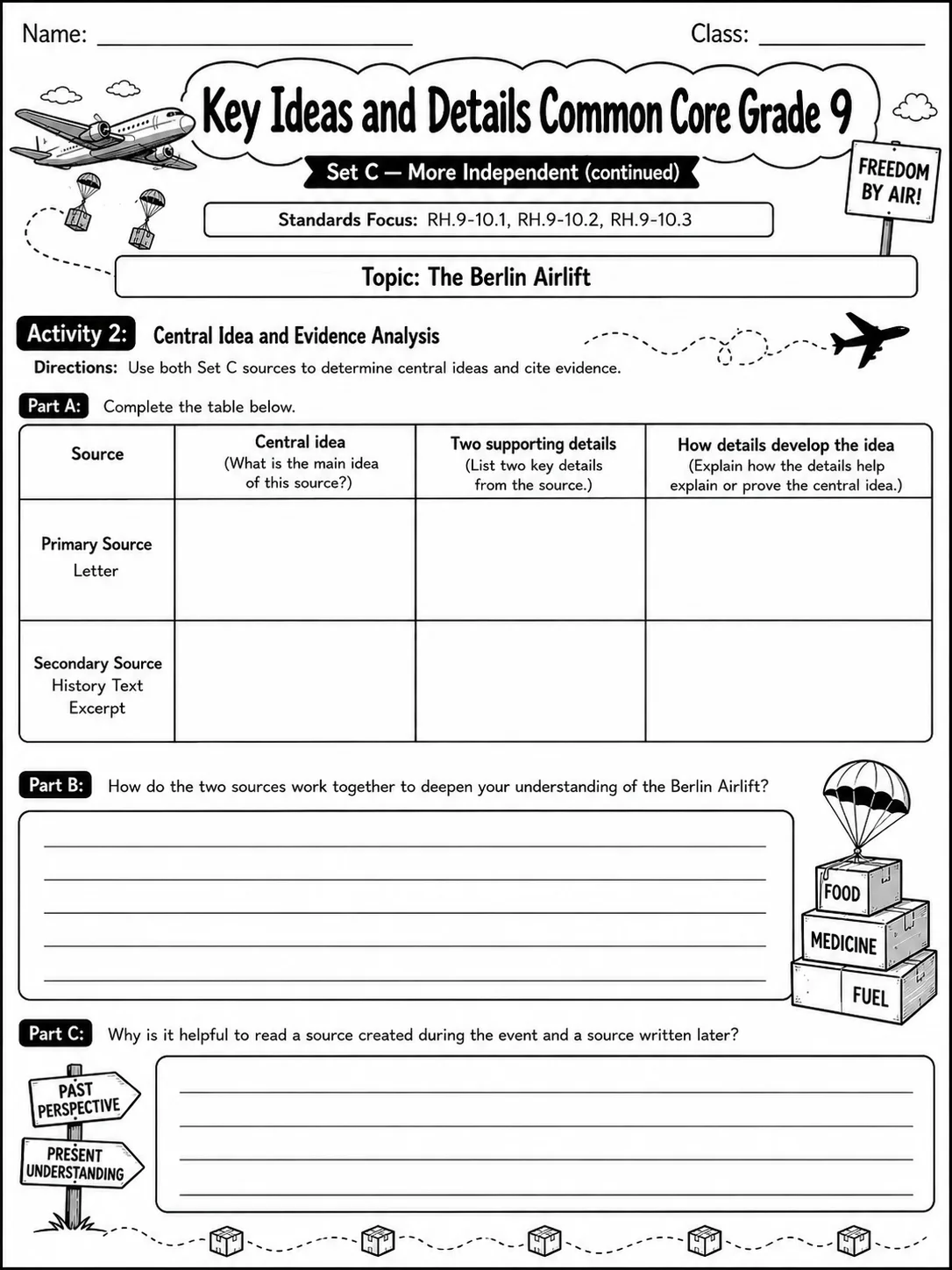 Key Ideas and Details Common Core Grade 9 page 8 printable Common Core ELA worksheet preview