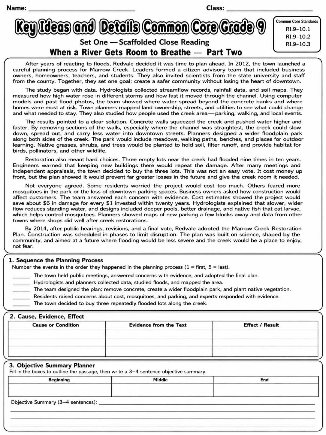 Key Ideas and Details Common Core Grade 9 page 2 printable Common Core ELA worksheet preview