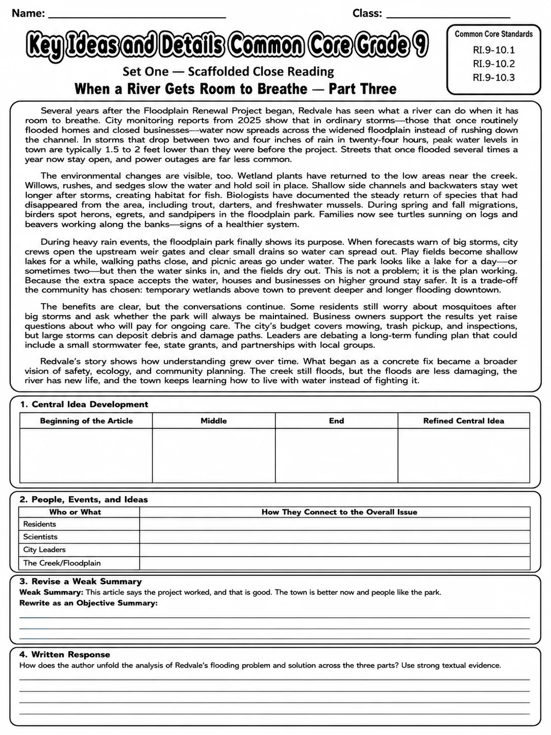 Key Ideas and Details Common Core Grade 9 page 3 printable Common Core ELA worksheet preview