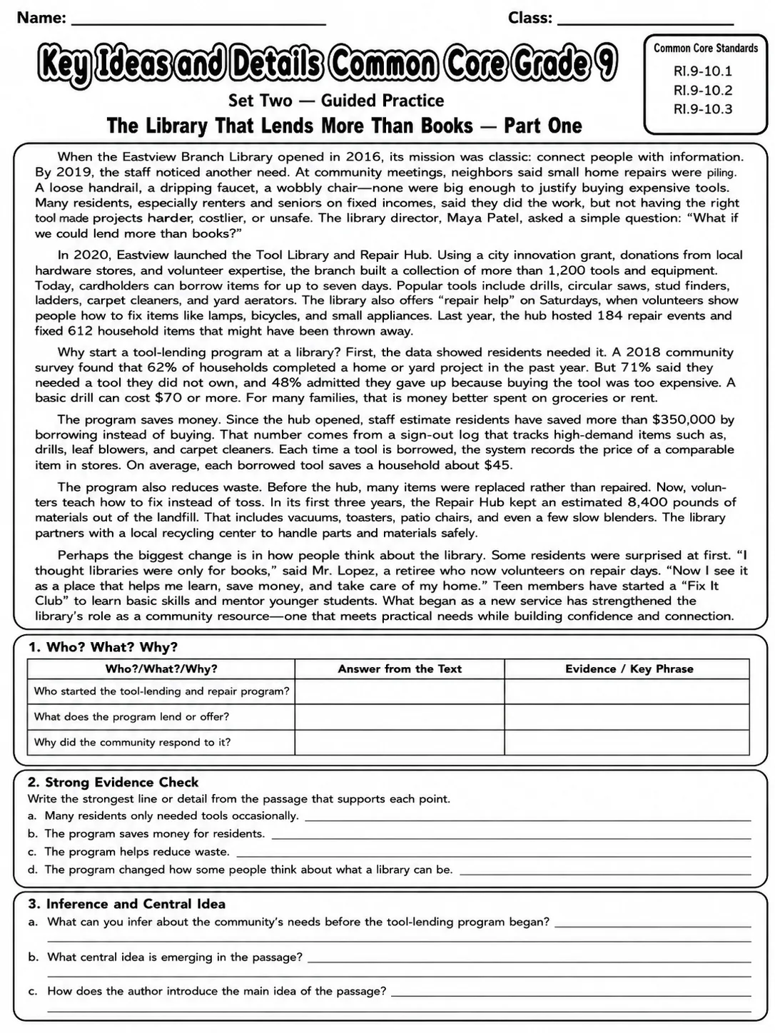 Key Ideas and Details Common Core Grade 9 page 4 printable Common Core ELA worksheet preview