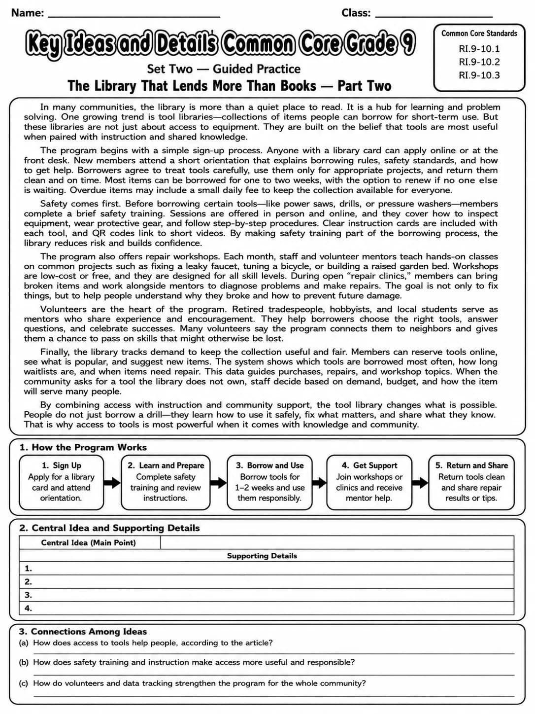 Key Ideas and Details Common Core Grade 9 page 5 printable Common Core ELA worksheet preview