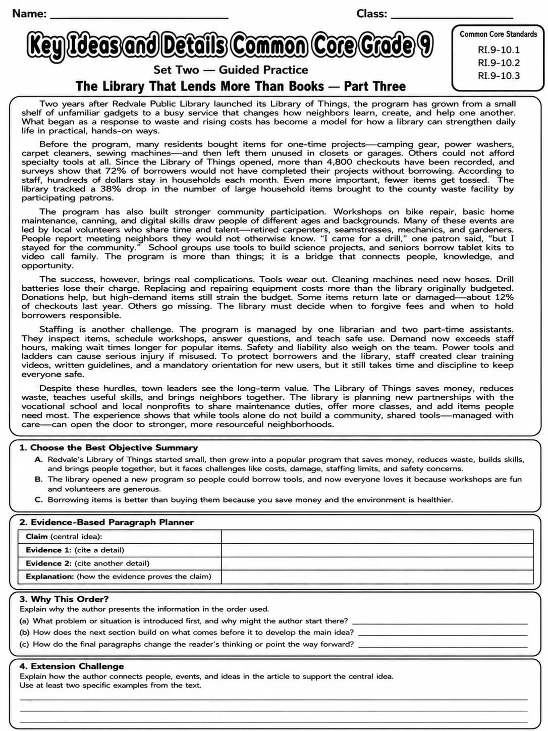Key Ideas and Details Common Core Grade 9 page 6 printable Common Core ELA worksheet preview
