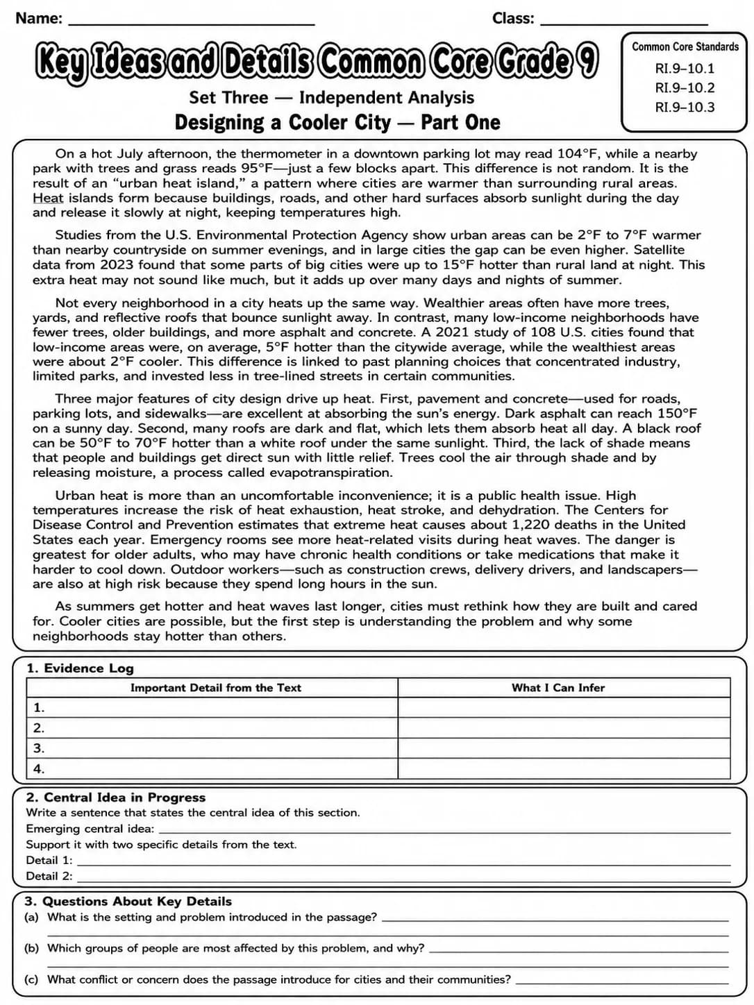 Key Ideas and Details Common Core Grade 9 page 7 printable Common Core ELA worksheet preview