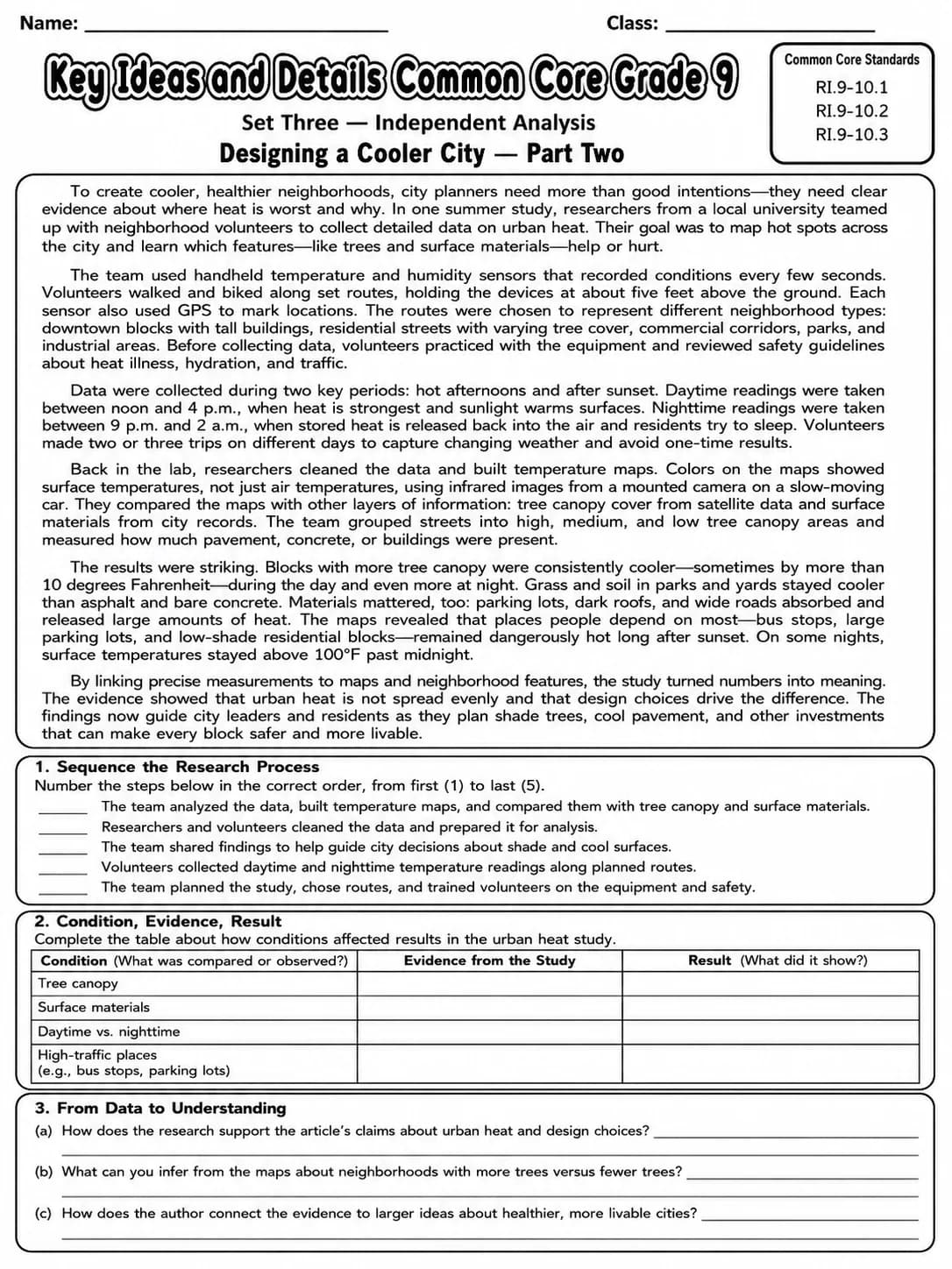 Key Ideas and Details Common Core Grade 9 page 8 printable Common Core ELA worksheet preview