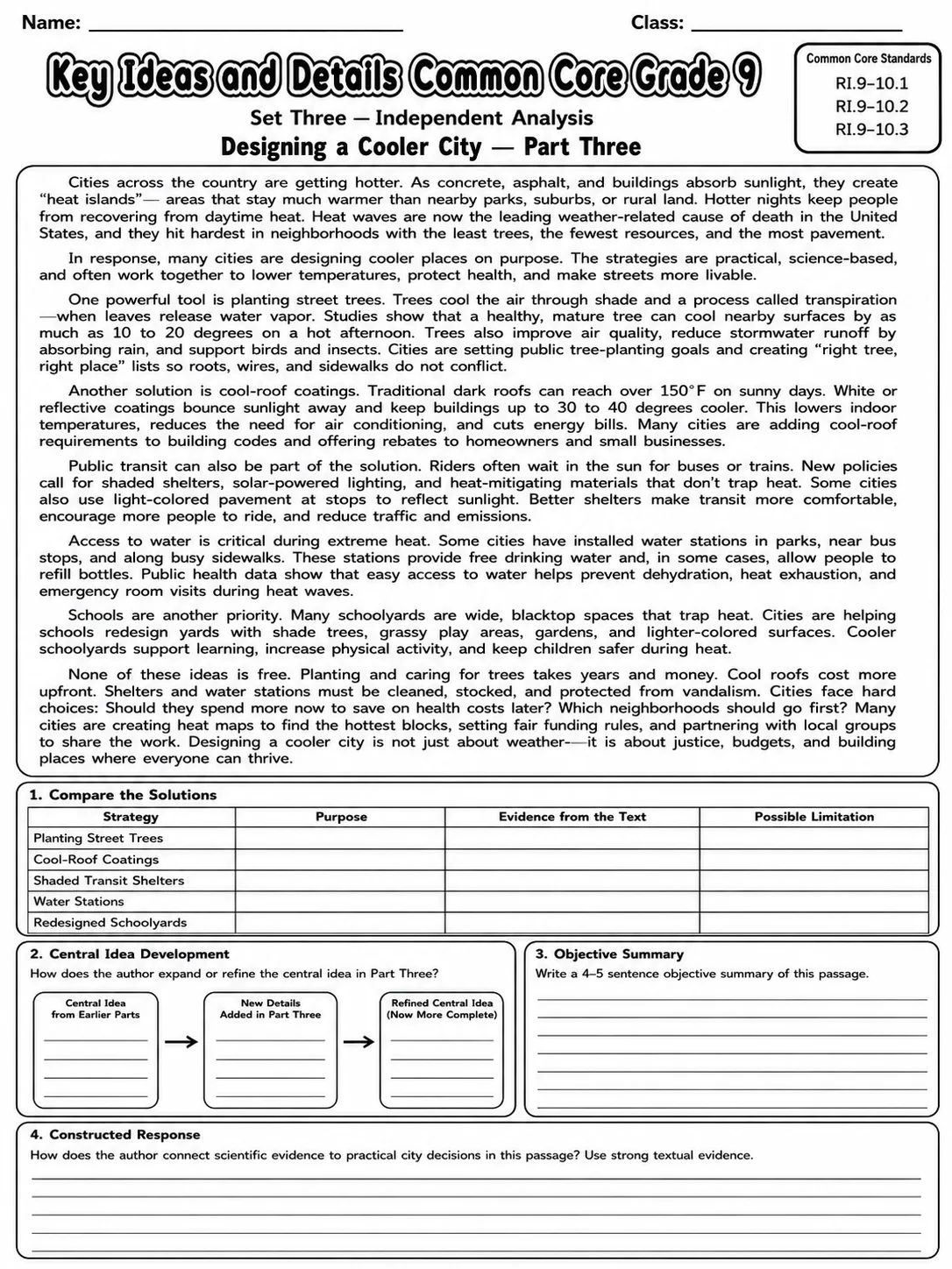 Key Ideas and Details Common Core Grade 9 page 9 printable Common Core ELA worksheet preview