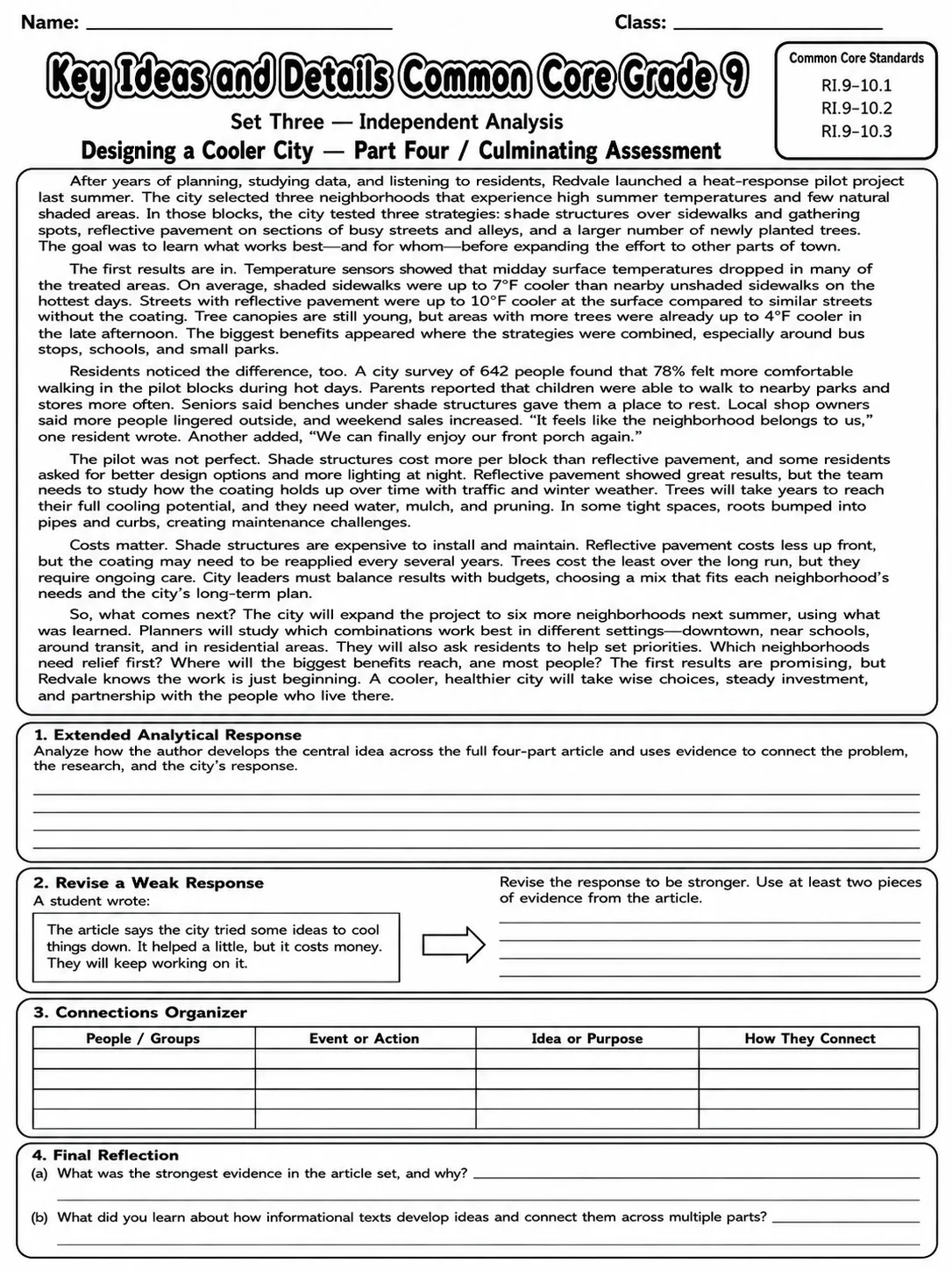 Key Ideas and Details Common Core Grade 9 page 10 printable Common Core ELA worksheet preview