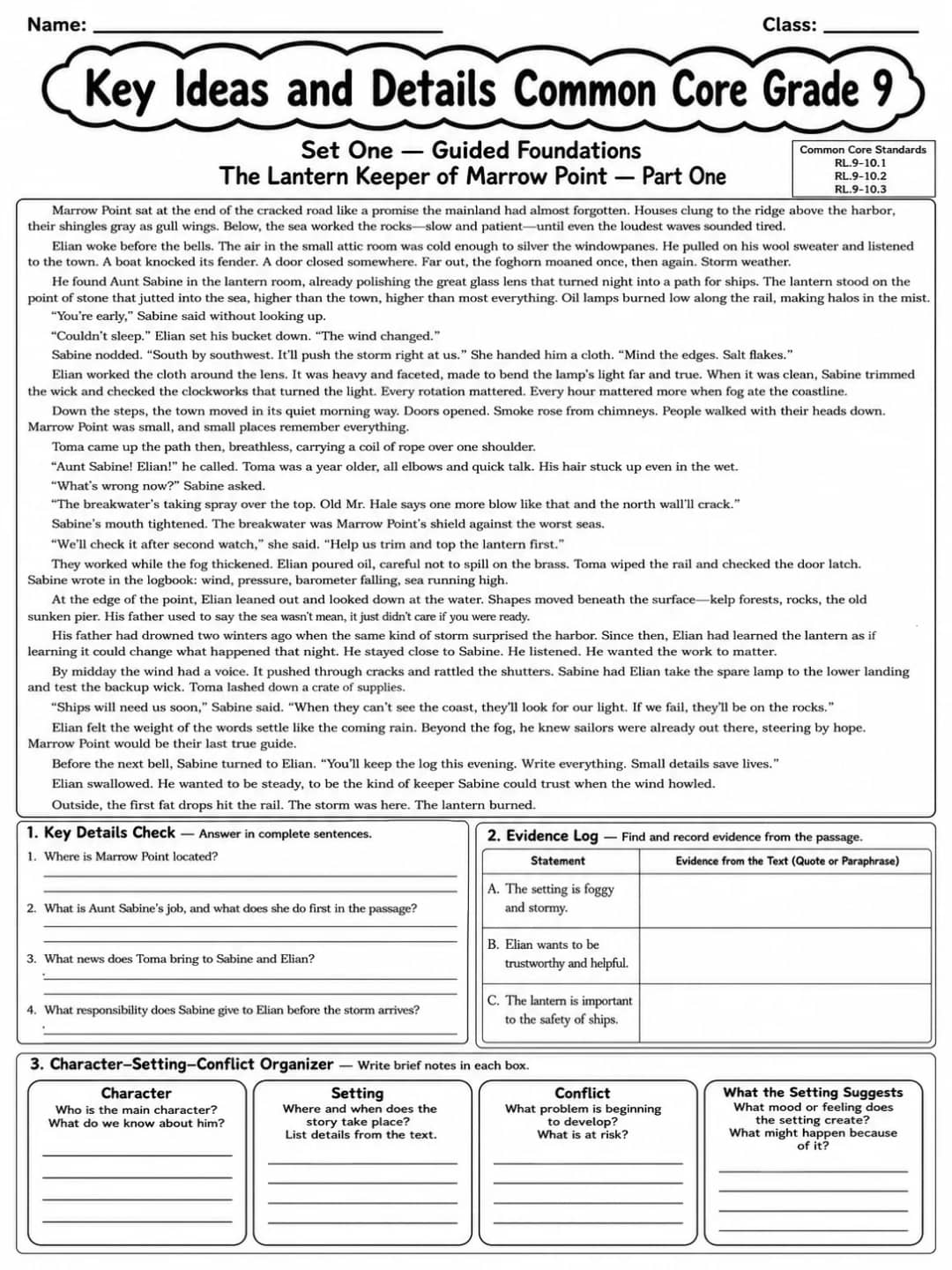 Key Ideas and Details Common Core Grade 9 printable Common Core ELA Grade 9 worksheet preview from KiwiBee