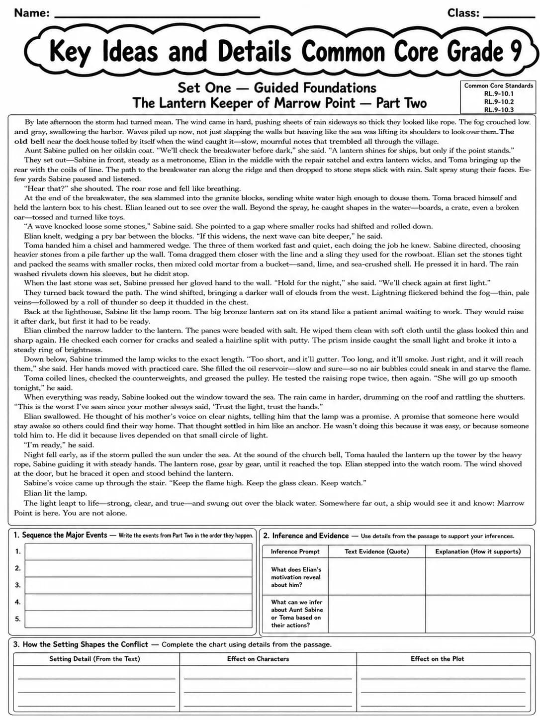 Key Ideas and Details Common Core Grade 9 page 2 printable Common Core ELA worksheet preview