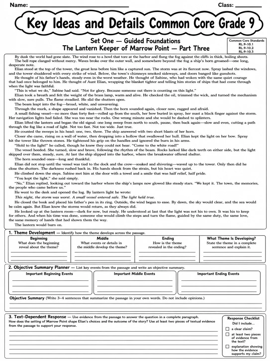 Key Ideas and Details Common Core Grade 9 page 3 printable Common Core ELA worksheet preview