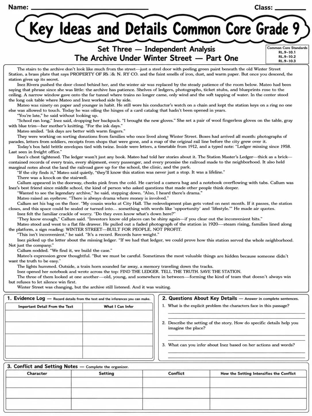 Key Ideas and Details Common Core Grade 9 page 7 printable Common Core ELA worksheet preview