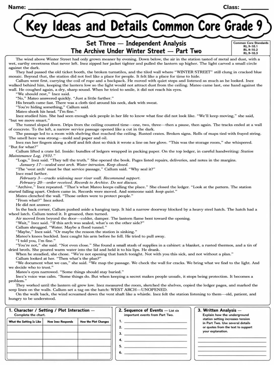 Key Ideas and Details Common Core Grade 9 page 8 printable Common Core ELA worksheet preview