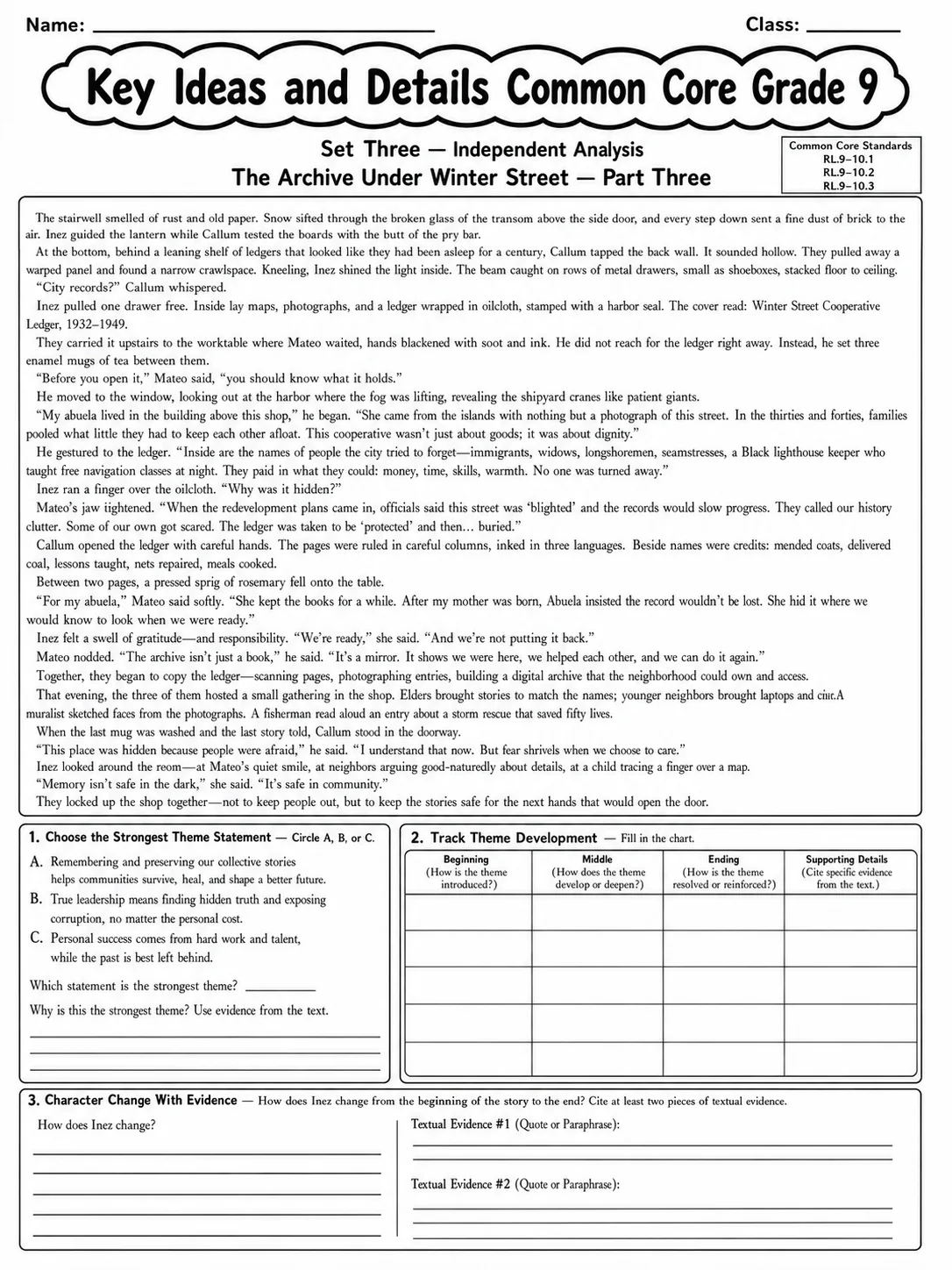 Key Ideas and Details Common Core Grade 9 page 9 printable Common Core ELA worksheet preview