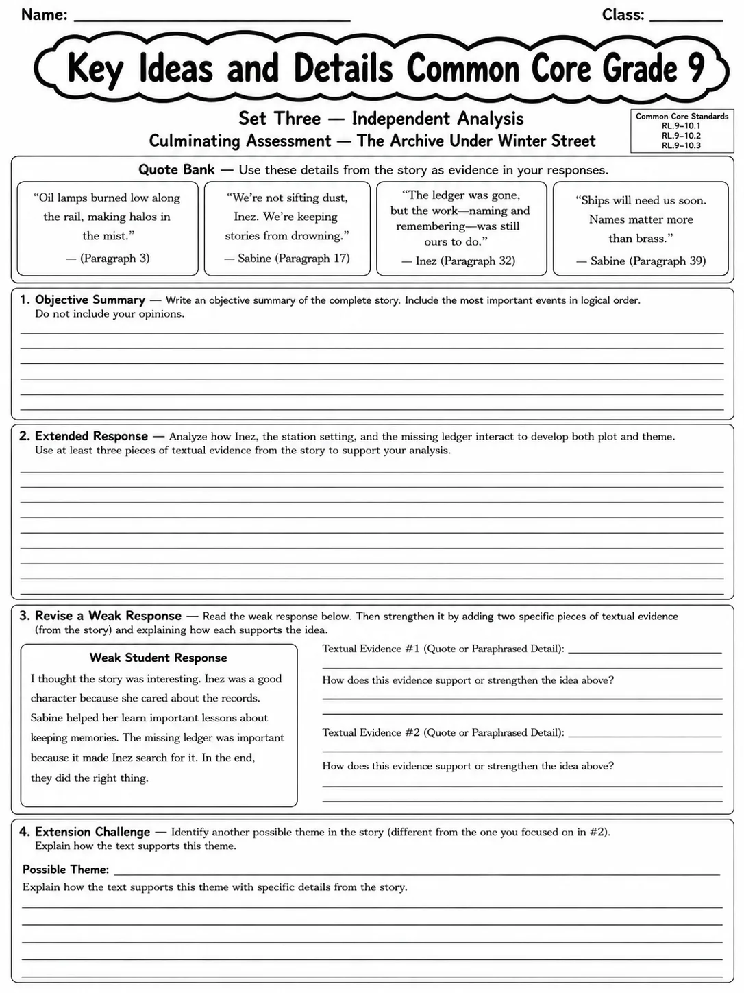 Key Ideas and Details Common Core Grade 9 page 10 printable Common Core ELA worksheet preview