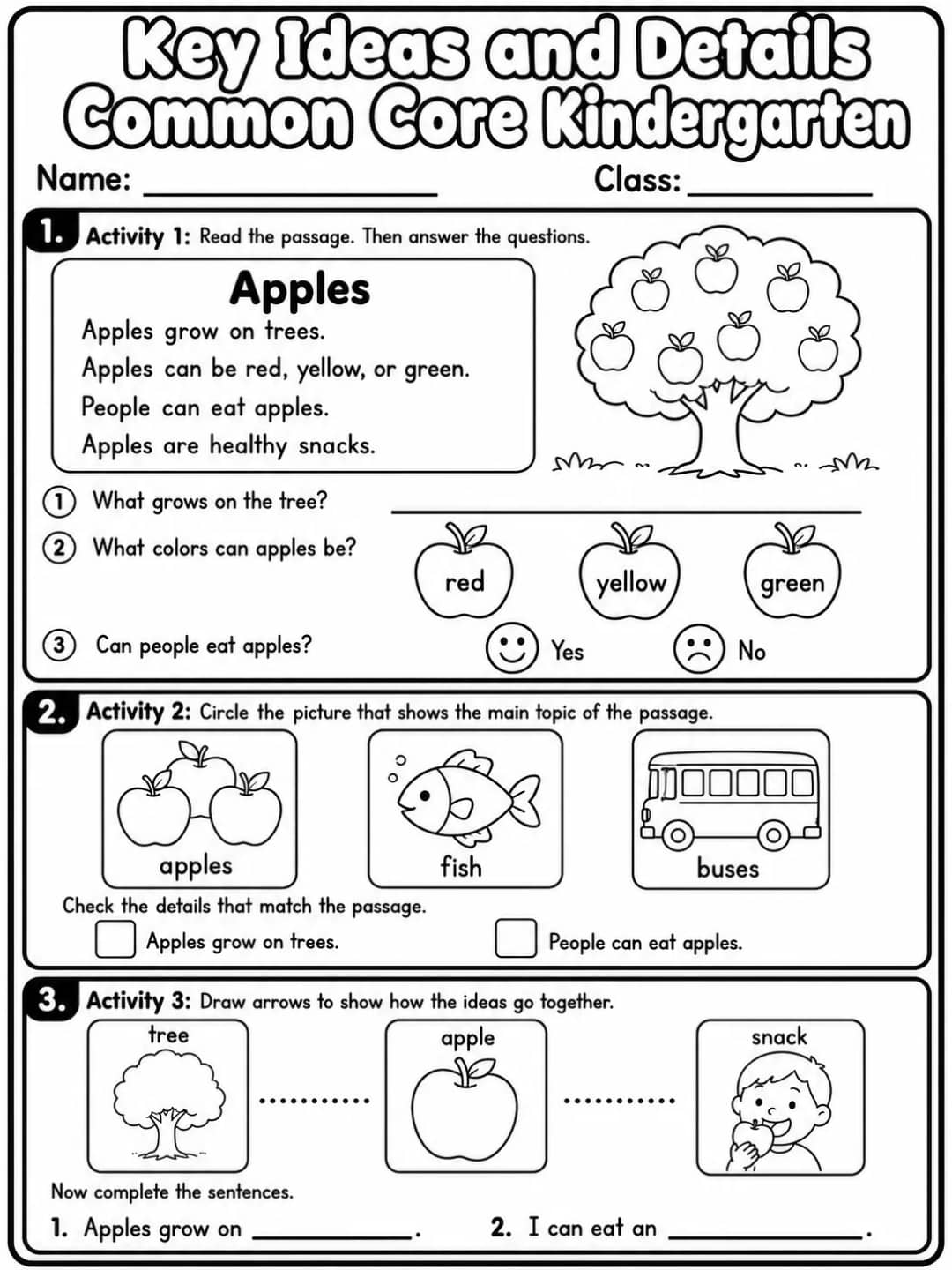 Key Ideas and Details Common Core Kindergarten printable Common Core ELA Kindergarten worksheet preview from KiwiBee