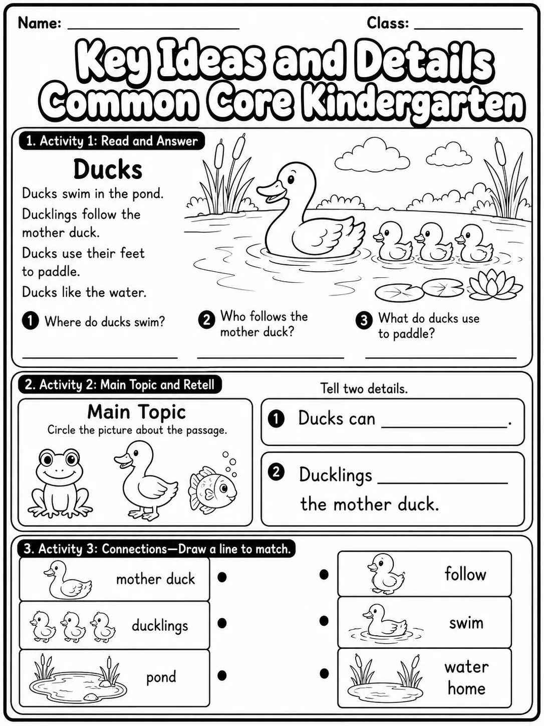 Key Ideas and Details Common Core Kindergarten page 2 printable Common Core ELA worksheet preview