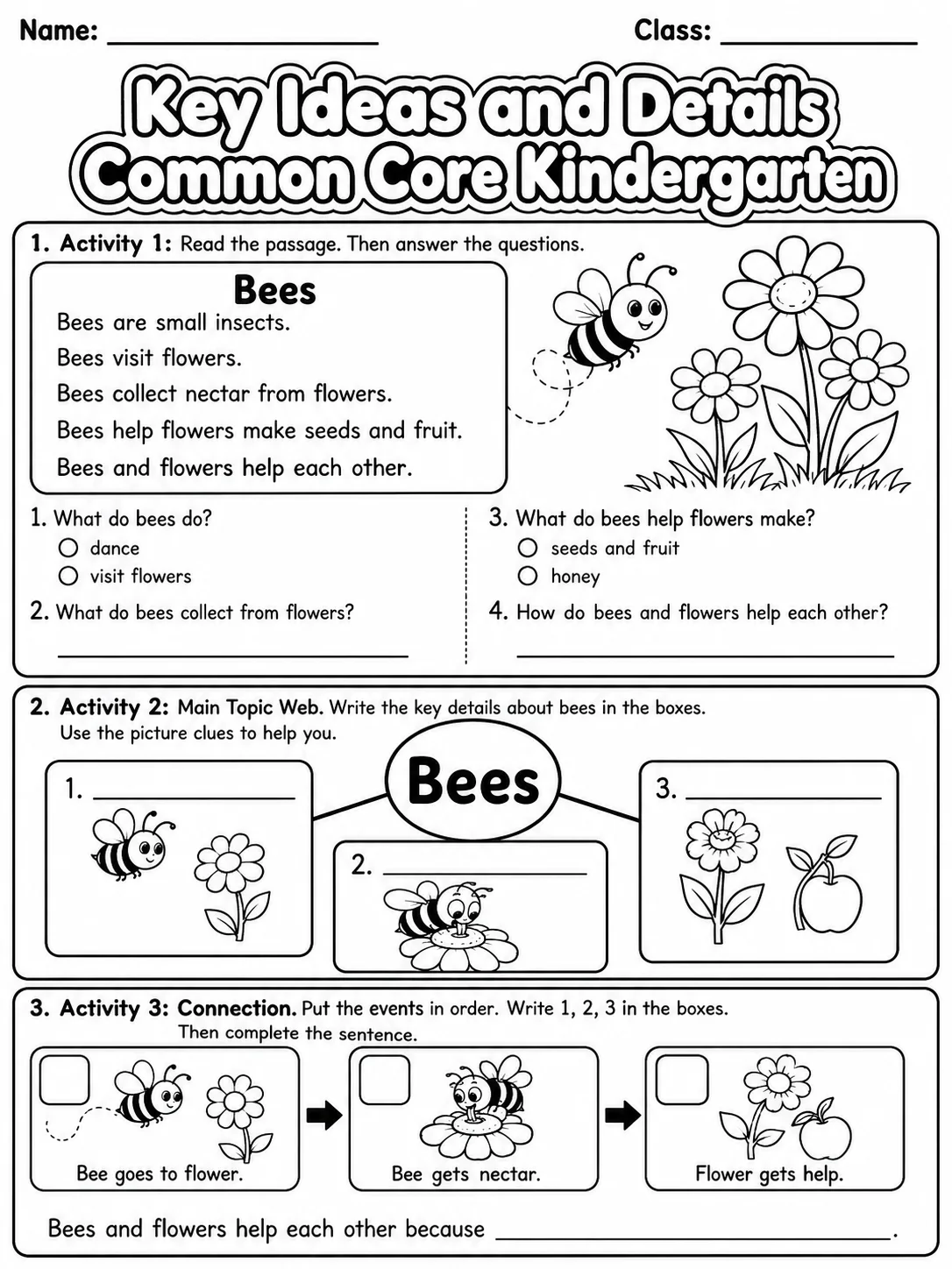 Key Ideas and Details Common Core Kindergarten page 3 printable Common Core ELA worksheet preview