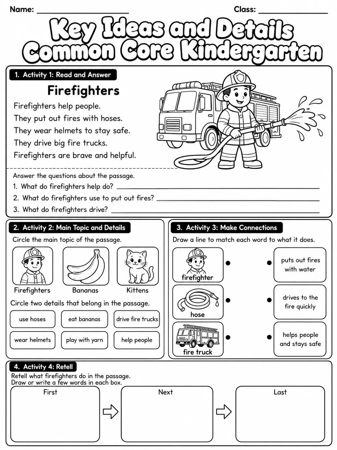 Key Ideas and Details Common Core Kindergarten page 4 printable Common Core ELA worksheet preview