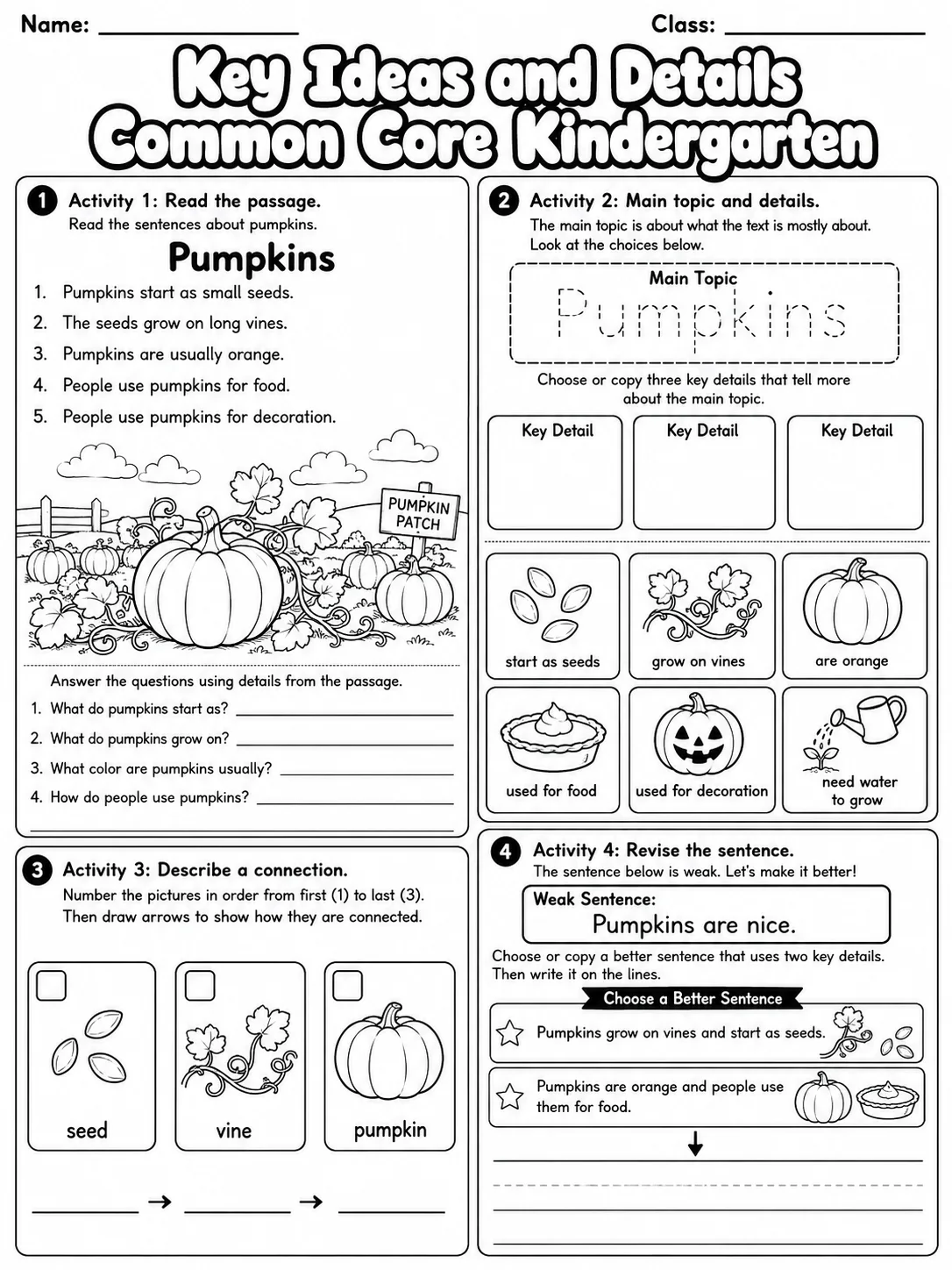 Key Ideas and Details Common Core Kindergarten page 5 printable Common Core ELA worksheet preview