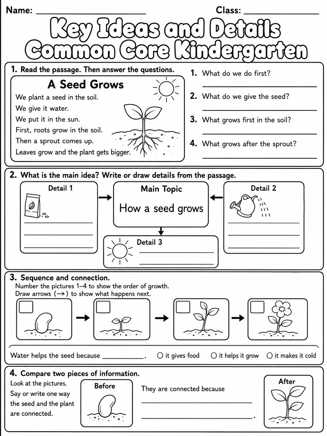 Key Ideas and Details Common Core Kindergarten page 6 printable Common Core ELA worksheet preview