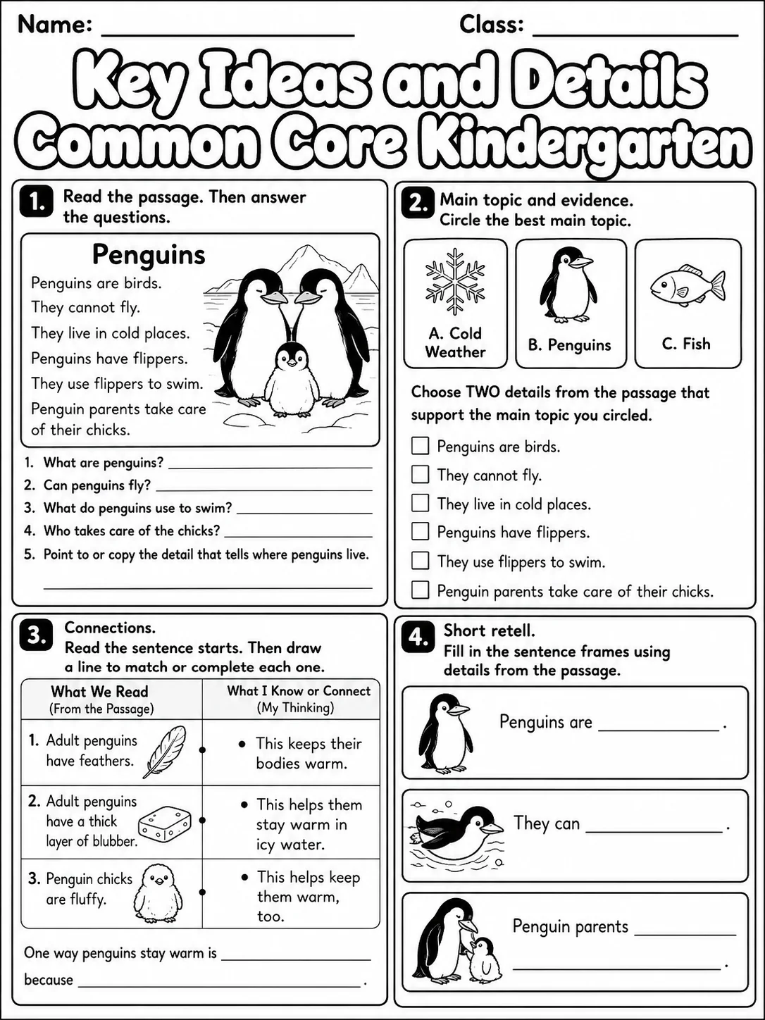 Key Ideas and Details Common Core Kindergarten page 7 printable Common Core ELA worksheet preview
