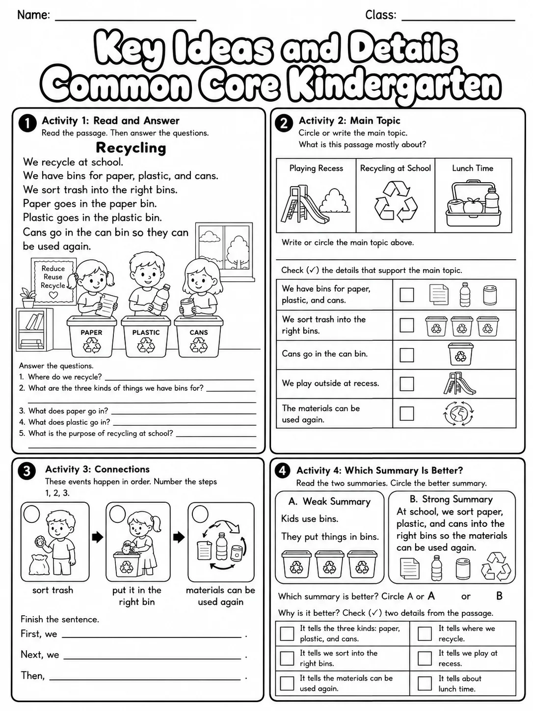 Key Ideas and Details Common Core Kindergarten page 8 printable Common Core ELA worksheet preview