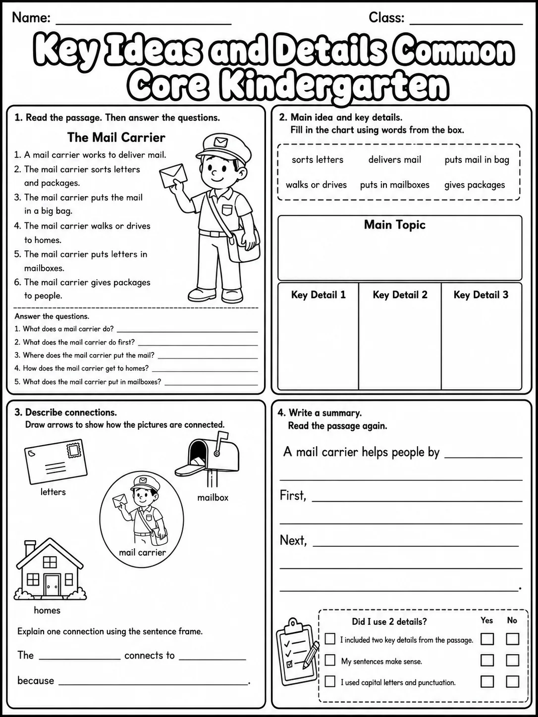 Key Ideas and Details Common Core Kindergarten page 9 printable Common Core ELA worksheet preview