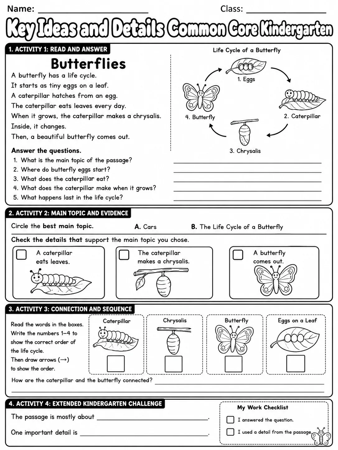 Key Ideas and Details Common Core Kindergarten page 10 printable Common Core ELA worksheet preview