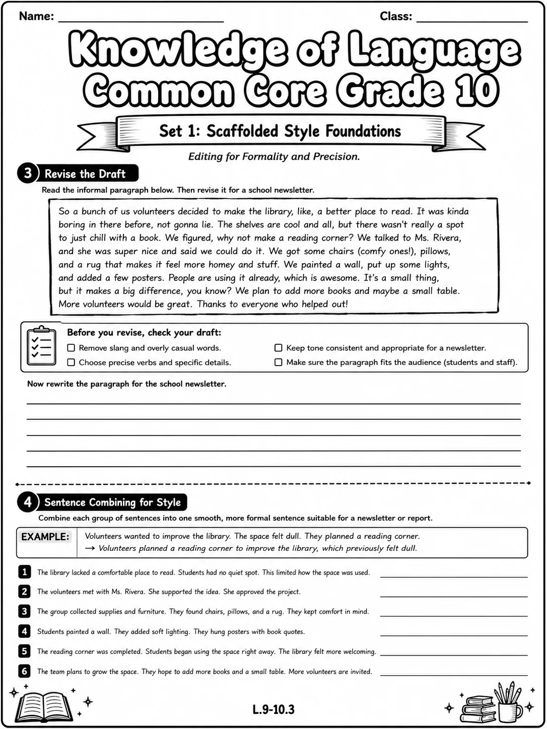 Knowledge of Language Common Core Grade 10 page 2 printable Common Core ELA worksheet preview