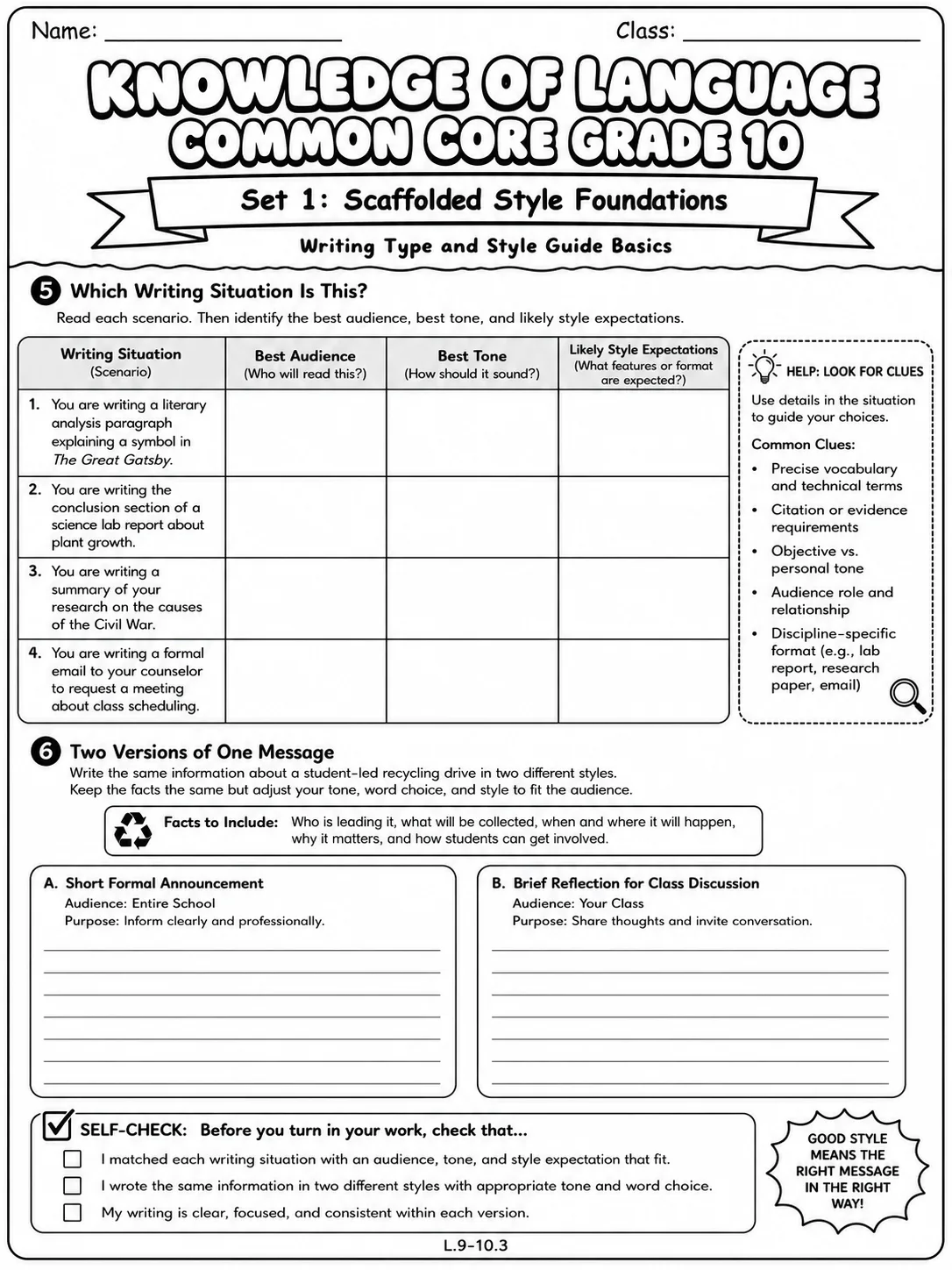 Knowledge of Language Common Core Grade 10 page 3 printable Common Core ELA worksheet preview