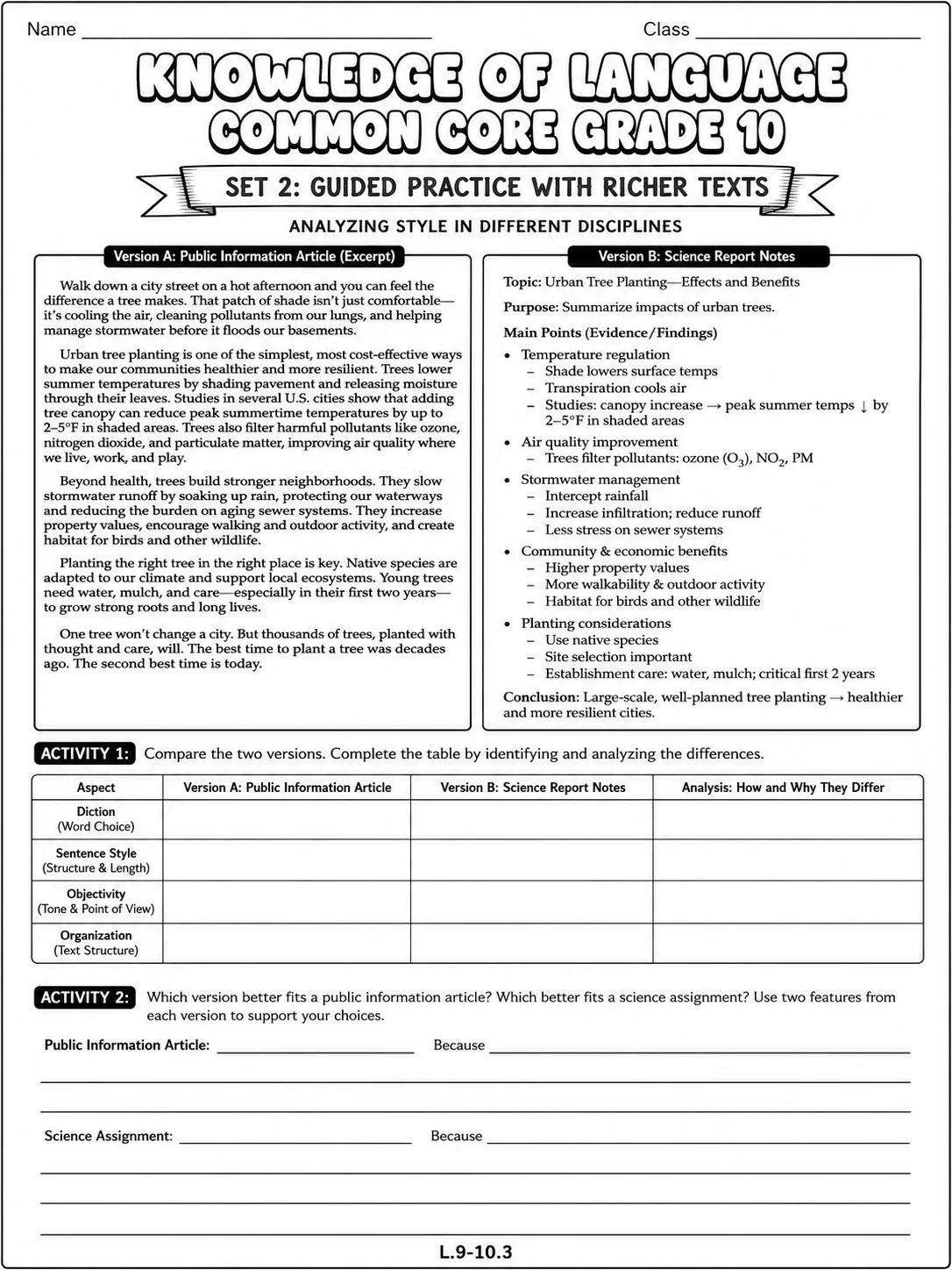 Knowledge of Language Common Core Grade 10 page 4 printable Common Core ELA worksheet preview