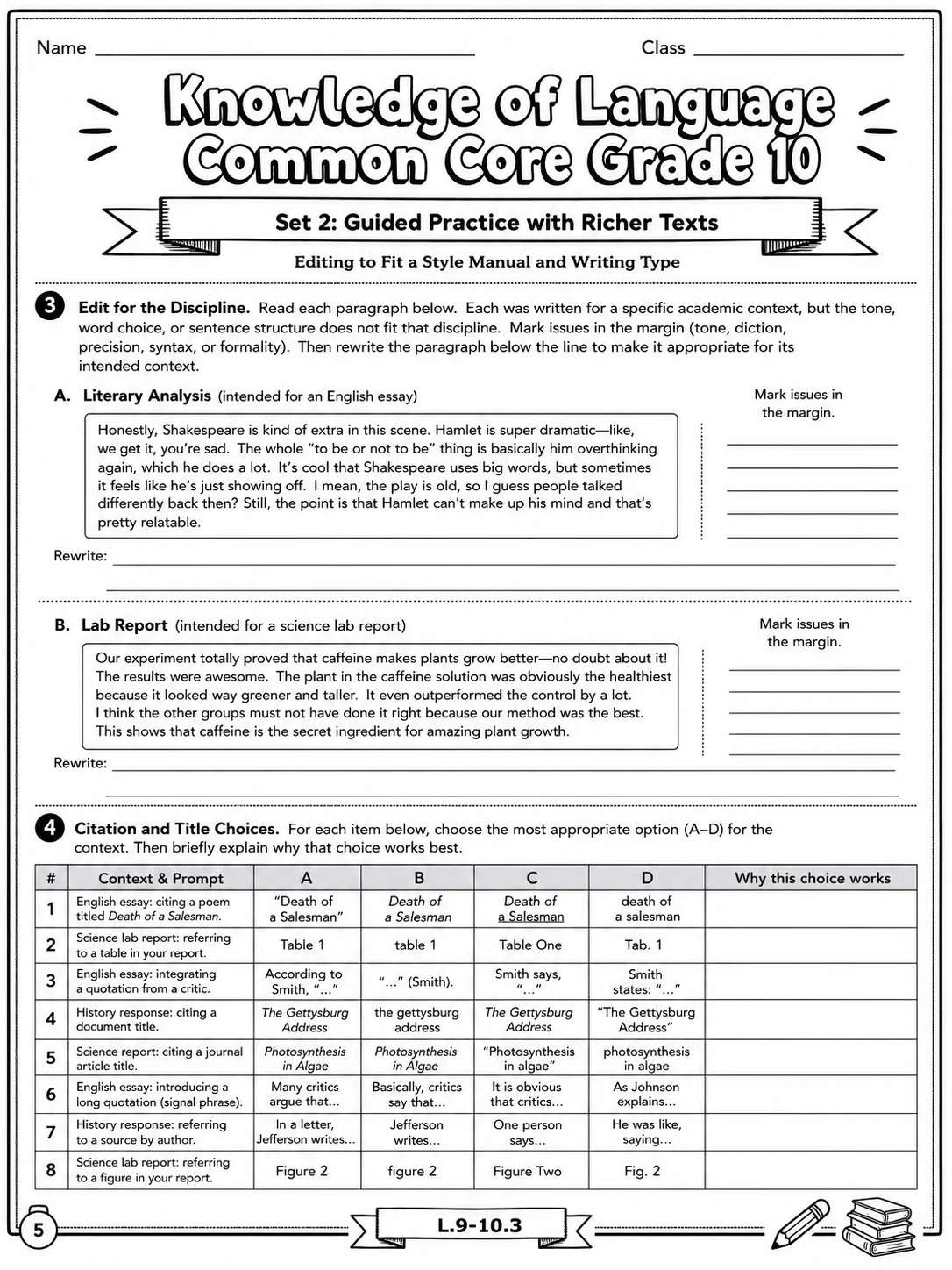 Knowledge of Language Common Core Grade 10 page 5 printable Common Core ELA worksheet preview
