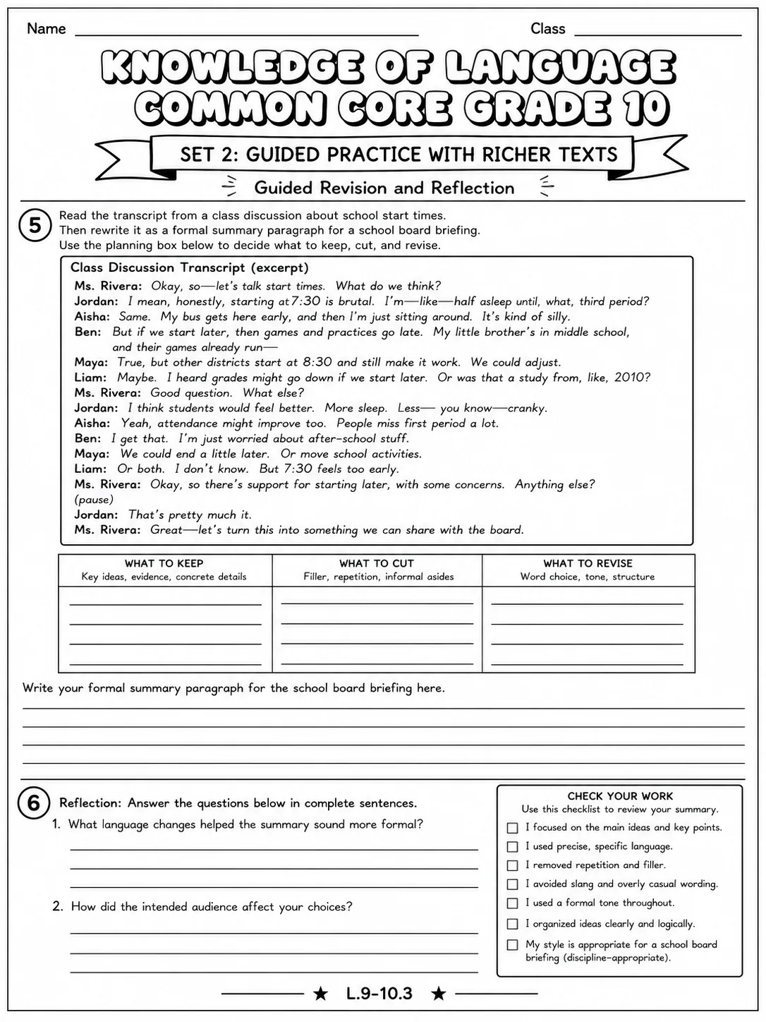 Knowledge of Language Common Core Grade 10 page 6 printable Common Core ELA worksheet preview