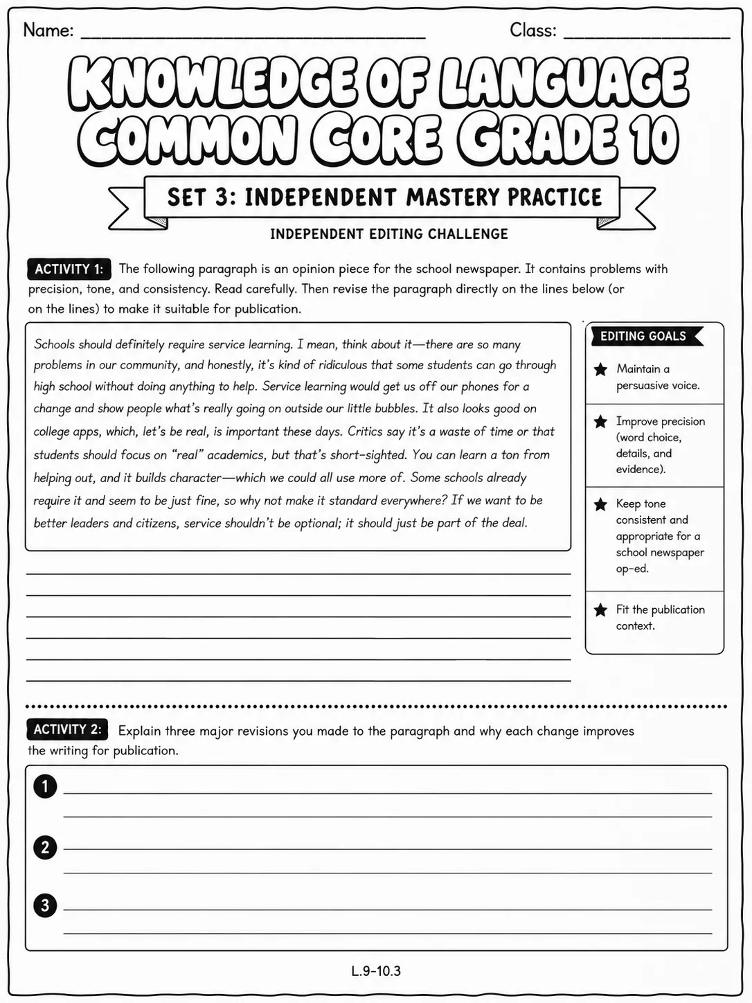 Knowledge of Language Common Core Grade 10 page 7 printable Common Core ELA worksheet preview