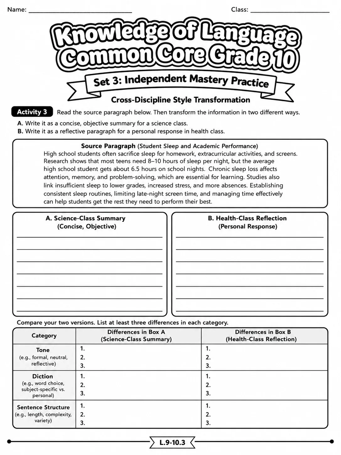 Knowledge of Language Common Core Grade 10 page 8 printable Common Core ELA worksheet preview