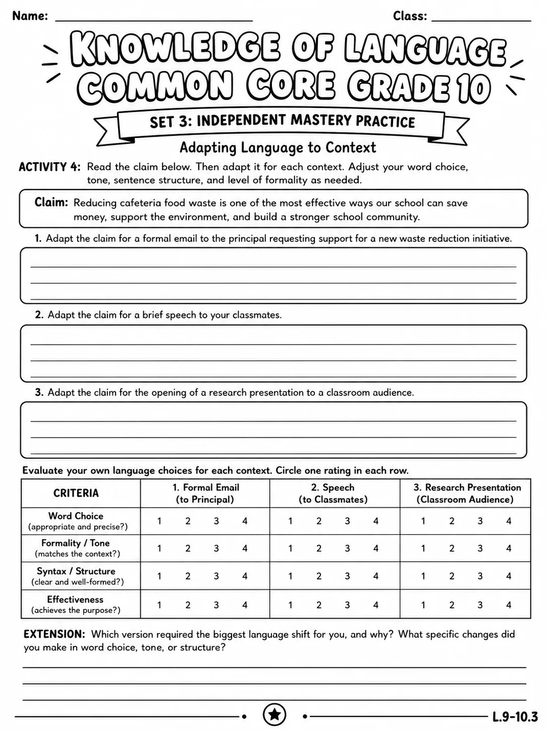 Knowledge of Language Common Core Grade 10 page 9 printable Common Core ELA worksheet preview