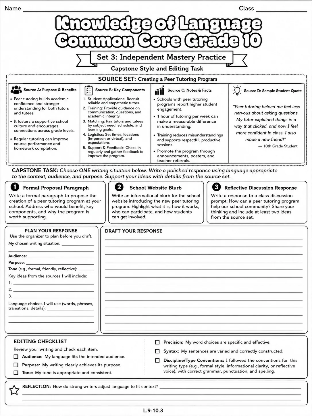 Knowledge of Language Common Core Grade 10 page 10 printable Common Core ELA worksheet preview