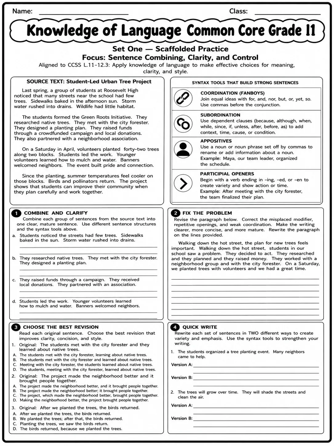 Knowledge of Language Common Core Grade 11 page 2 printable Common Core ELA worksheet preview