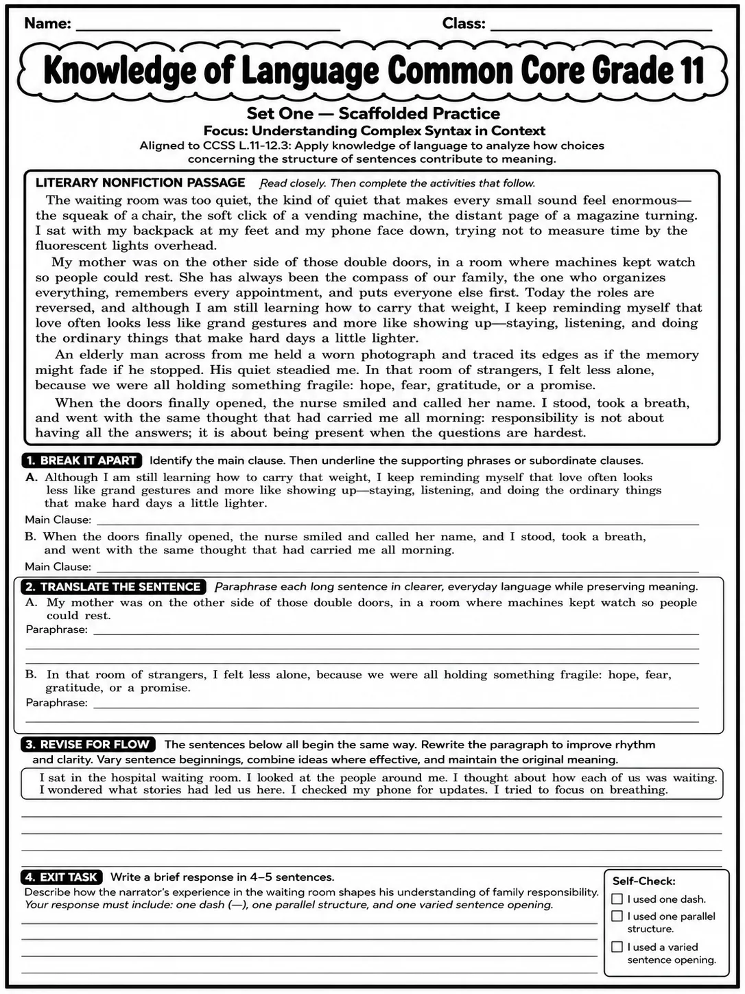 Knowledge of Language Common Core Grade 11 page 3 printable Common Core ELA worksheet preview