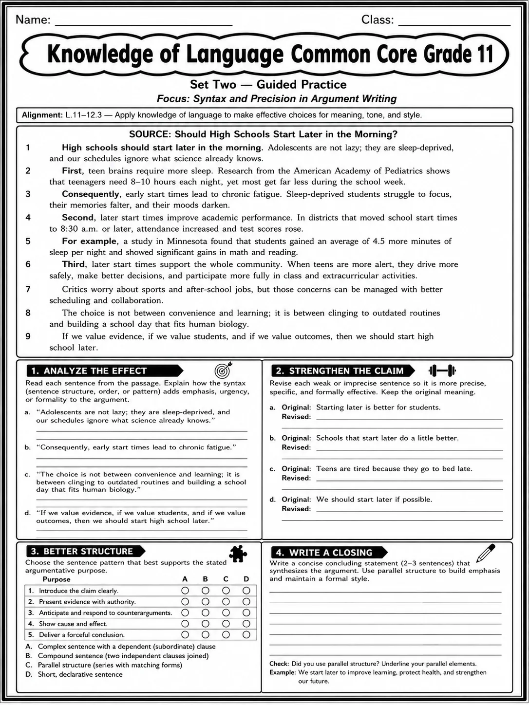 Knowledge of Language Common Core Grade 11 page 4 printable Common Core ELA worksheet preview