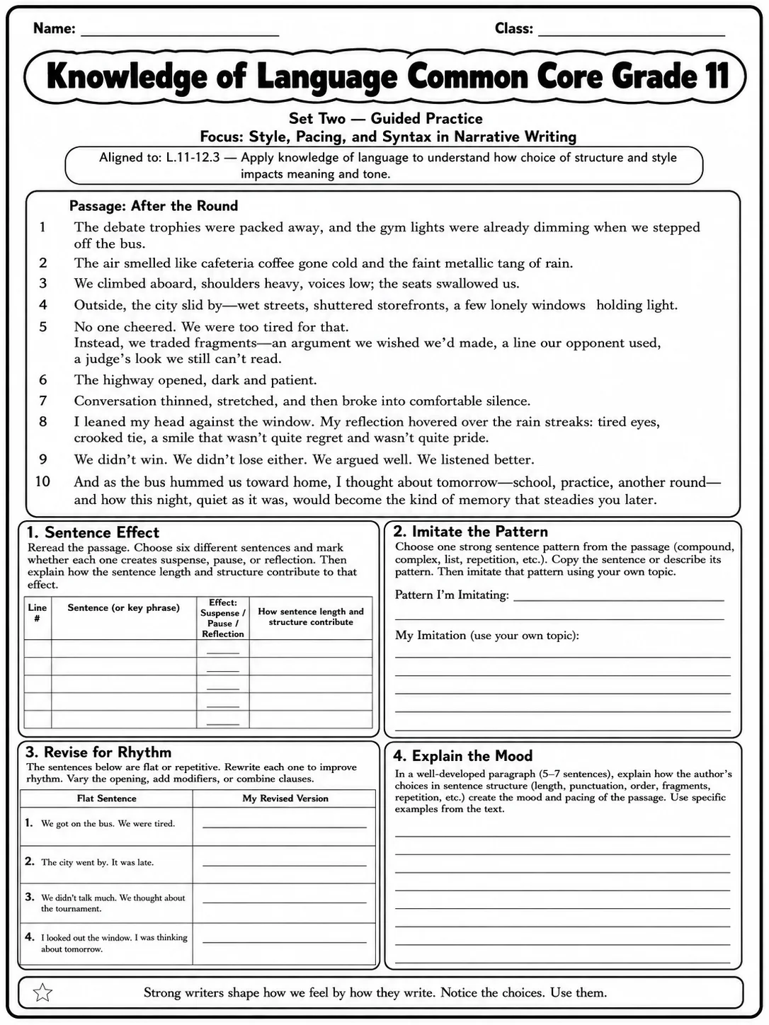 Knowledge of Language Common Core Grade 11 page 5 printable Common Core ELA worksheet preview