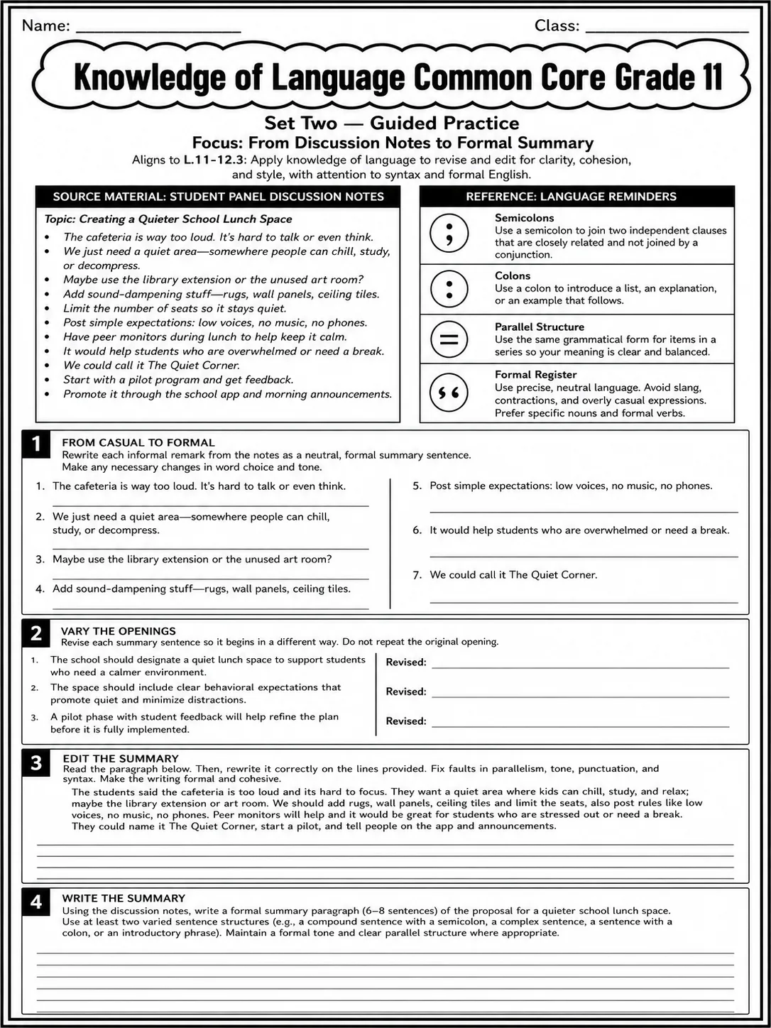 Knowledge of Language Common Core Grade 11 page 6 printable Common Core ELA worksheet preview