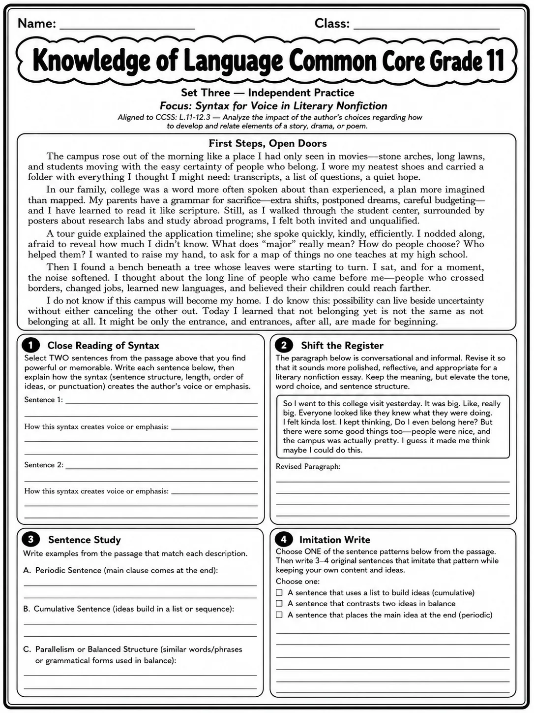 Knowledge of Language Common Core Grade 11 page 7 printable Common Core ELA worksheet preview