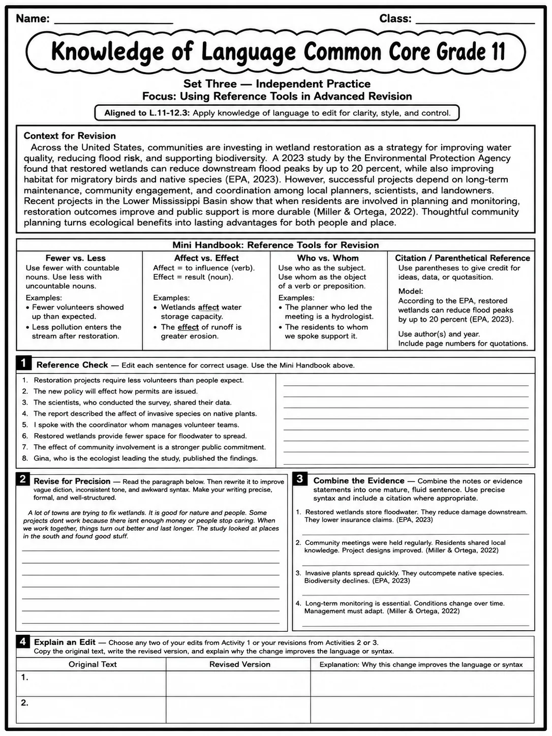 Knowledge of Language Common Core Grade 11 page 8 printable Common Core ELA worksheet preview